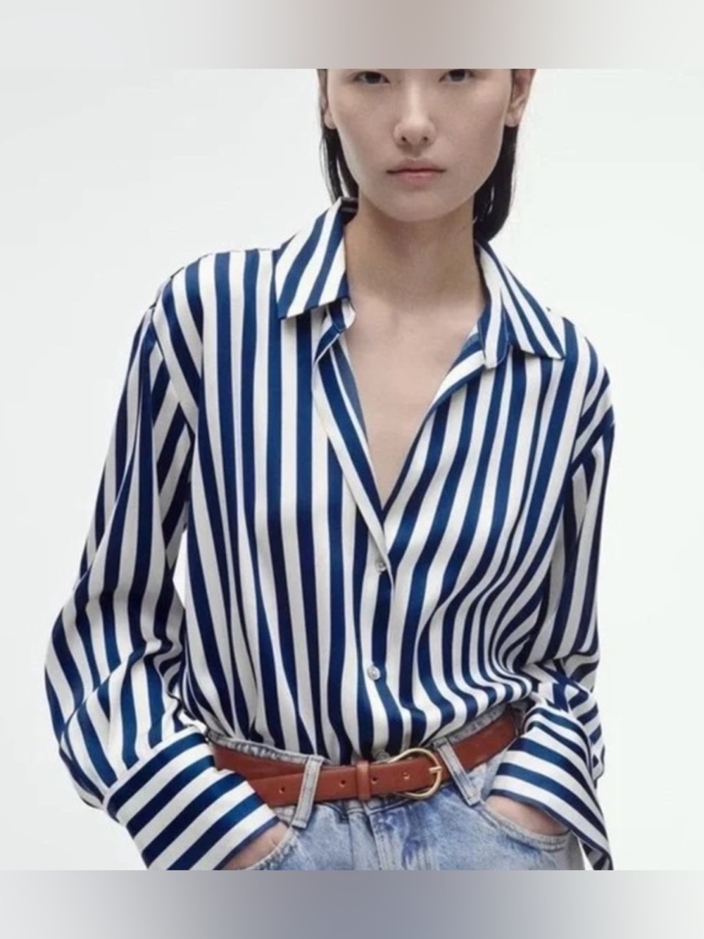 ZARA Satin Effect Blue White Striped Button Down Blouse Size Small
